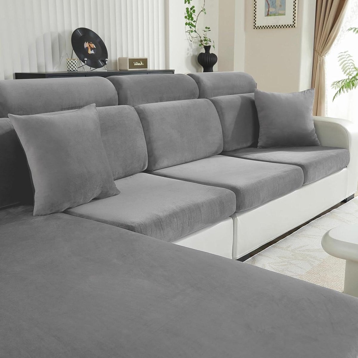 Lichtgrijze fluwelen bankhoes voor 3-zits sofa met antislip zitkussenhoes