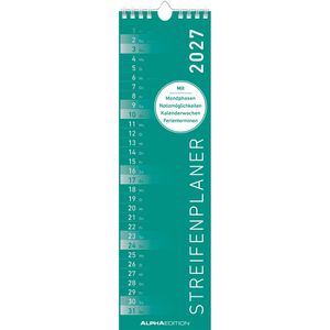 Alpha Streifenkalender 193900, Streifenplaner Mini, mint, mit Ferienübersicht, 9,5 x 33 cm, Jahr 2027