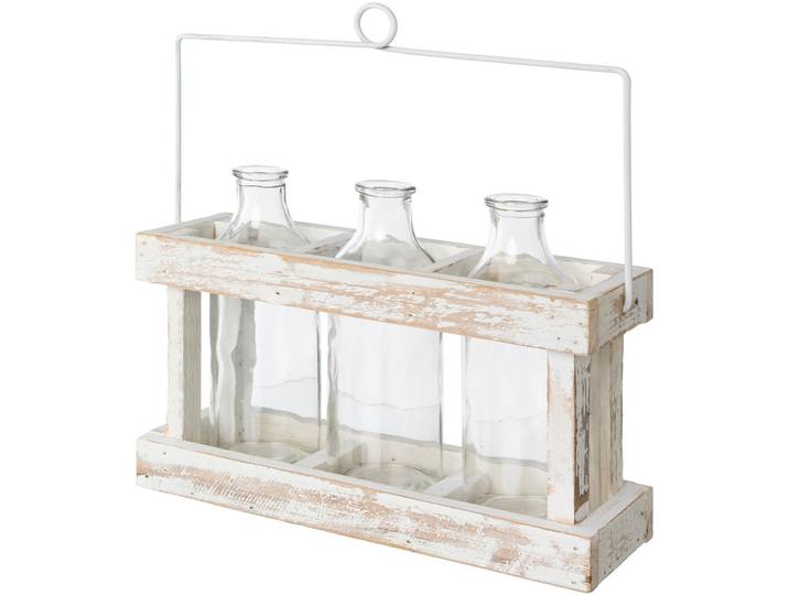 Dekovase CREATIV HOME Holzbox mit 3 Glasflaschen , transparent (weiß), B:29cm H:20cm T:10cm, Massivholz, Vasen, Dekovase, mit dekorativem Henkel