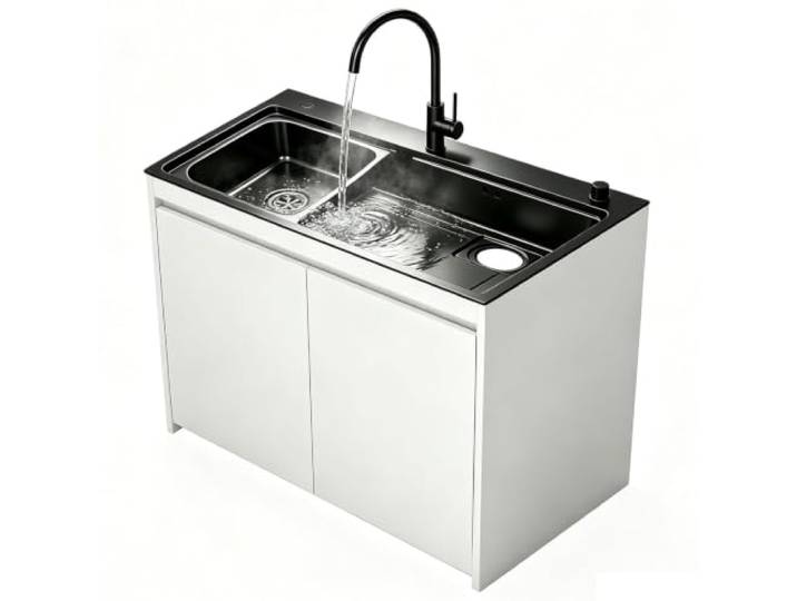 Garagen-Waschbecken mit Schrank und Warmwasserhahn Wabenschrank, Spüle aus Edelstahl 304, Schüssel in Schüssel, U-Siphon und Wasserhahn, for Werkstatt(White,68cm/26.8in)