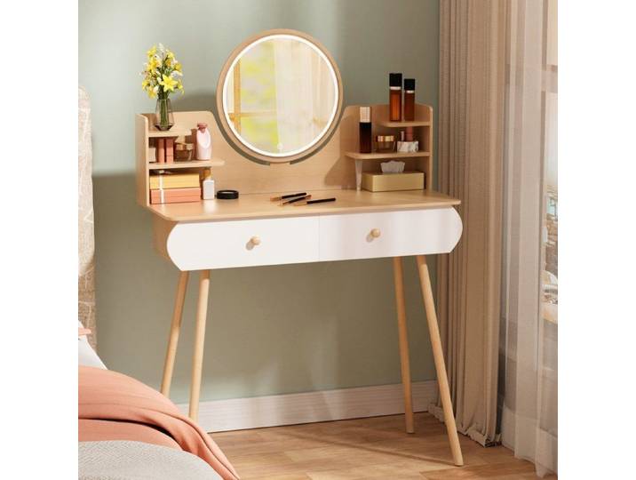 Coiffeuse avec LED Miroir Table de Maquillage - 3 Couleurs de Lumières - 2 Grand Tiroirs - 6 Étagères - Bois