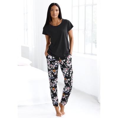 Pyjama S.OLIVER, Damen, Gr. 32/34, schwarz, Single Jersey, Obermaterial: 50% Baumwolle, 50% Viskose, geblümt, unifarben, Basic, bequem lang, Rundhals, Homewear-Sets Pyjama, mit Blumenmuster