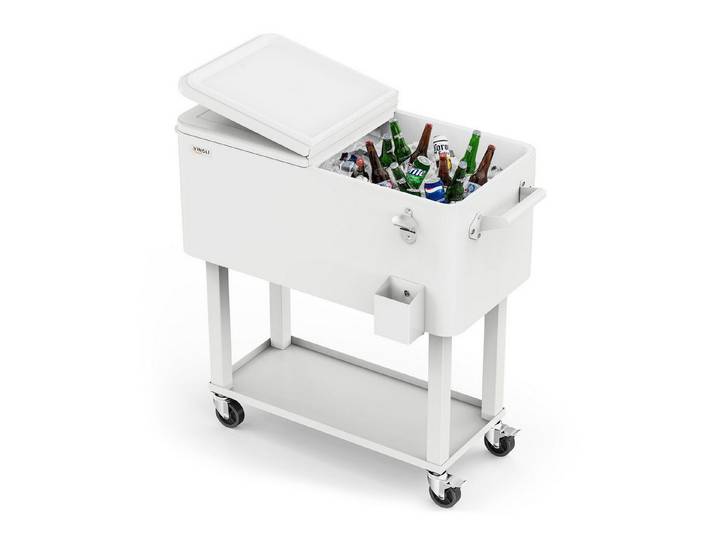 VINGLI Trolley-Kühlbox 76L Kühlwagen mit Rollen, Getränkekühler mit Flaschenöffner, mit Ablage, Ablauf & feststellbaren Rollen, 78,5 x 40 x 79 cm, Weiß