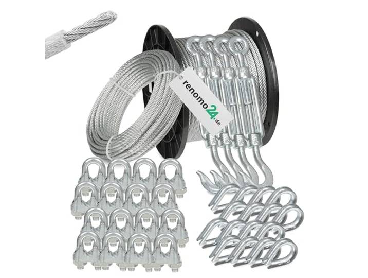Renomo24 Drahtseil Set 6 - Stahlseil 100m 6mm 6x7 verzinkt und ummantelt, 4x Spannschloss Haken/Öse, 16x Bügelklemmen, 16x Kauschen, 176518001