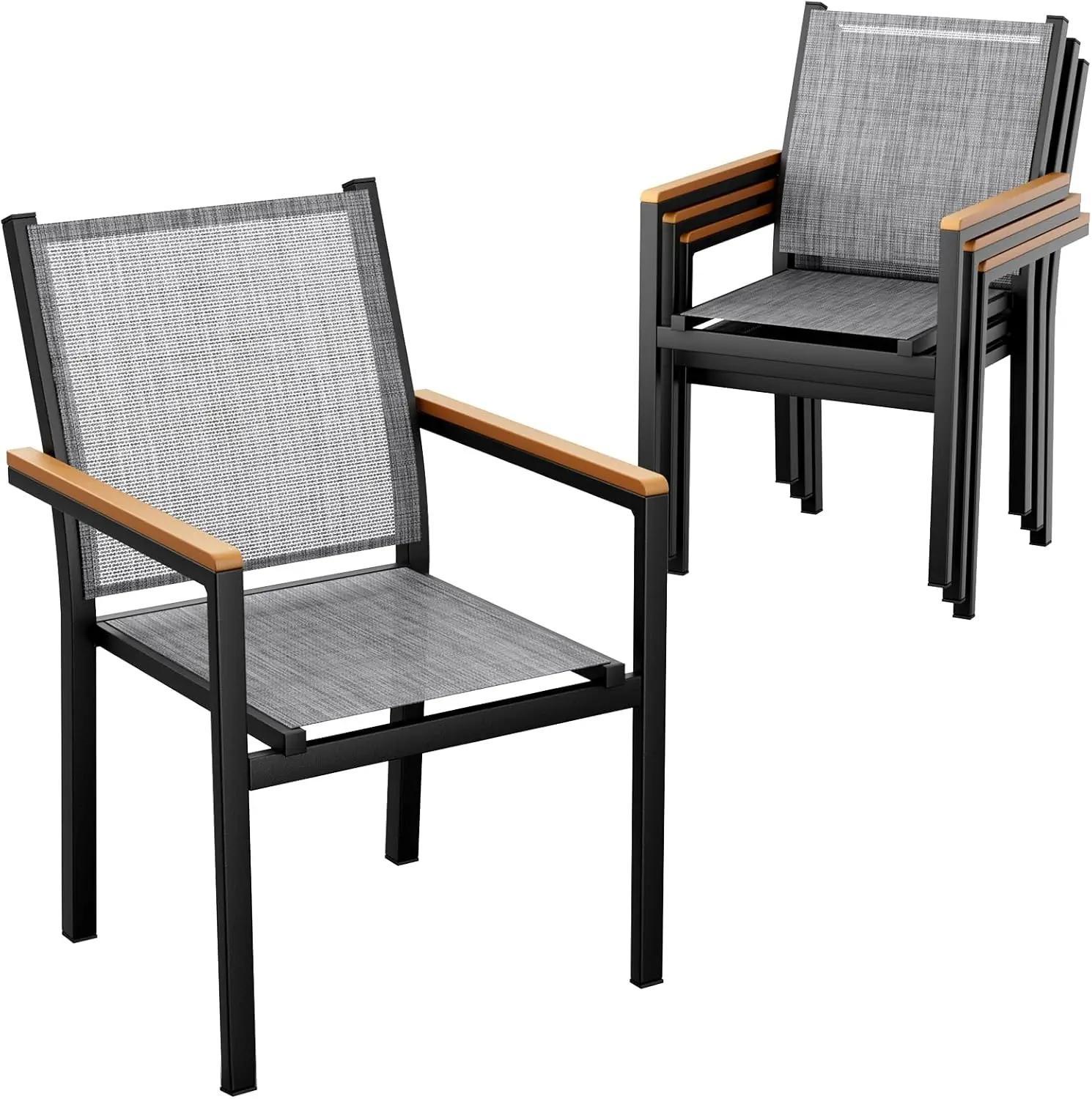 Gartenstühle 4er Set - Stapelbare Terrassenstühle aus Aluminium - Textilene Sitzfläche - Mit Armlehnen - Belastbar bis 150 kg - Leinen Grau