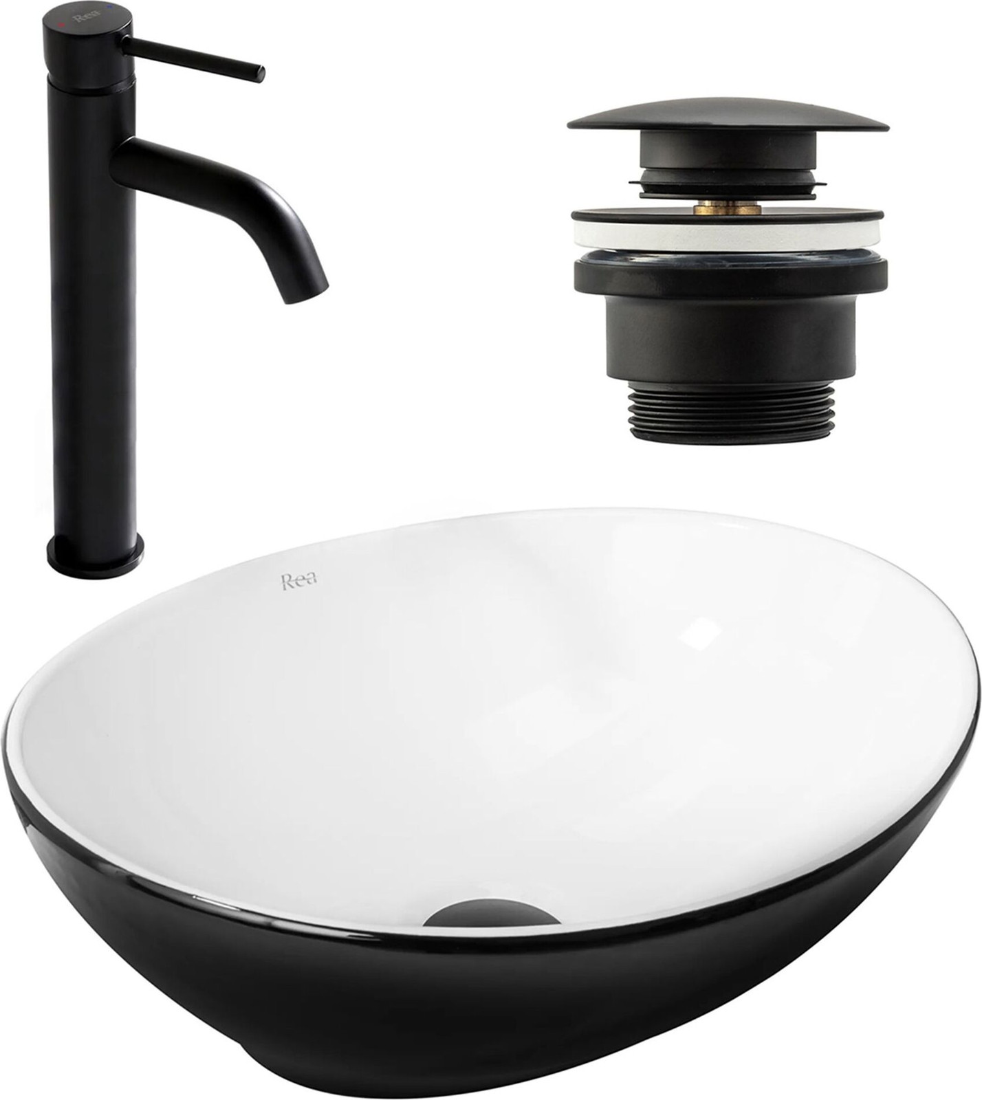 Rea Wastafel Sofia Black White met Kraan Lungo Black High en Universele Plug Zwart