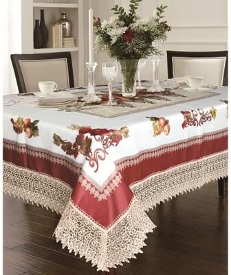 Violet Linen Fruttela Decorative Printed With Lace Trimming Pattern Tablecloth