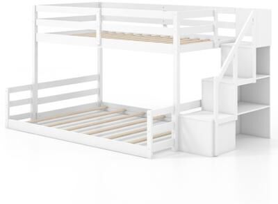 Costway Solid Wood Twin Over Full Low Bunk Bed with Storage Stairs-White