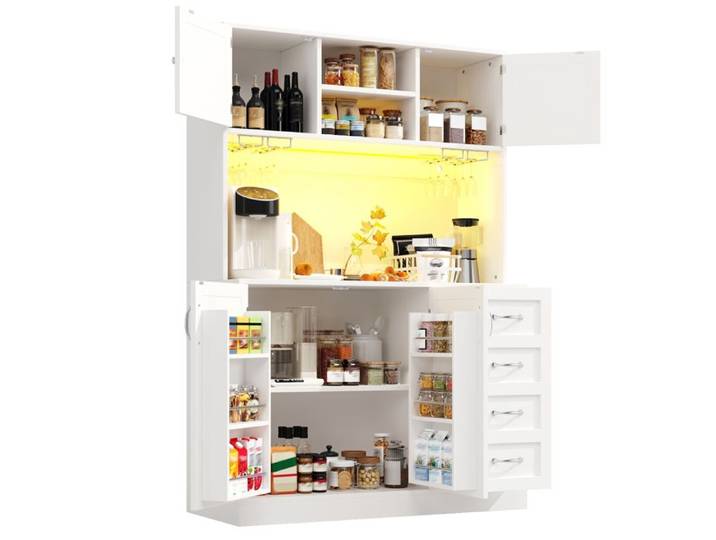 Buffet haut - HIBA - Buffet Cuisine 188 cm - 4 portes 2 tiroirs - LED connecté - Blanc laqué