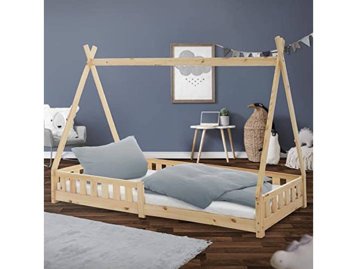 ML-Design Kinderbett Tipi 90x200 cm Natur mit Rausfallschutz und Lattenrost, aus Kiefernholz, Indianer Bett für Mädchen & Jungen, Hausbett mit Zaun, Bodenbett Kinderhaus Jugendbett Spielbett Zelt