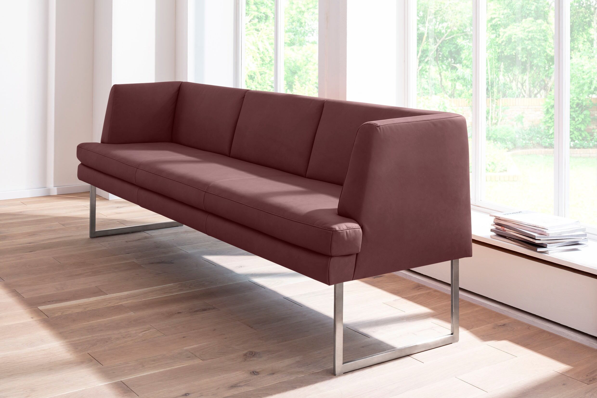 Polsterbank K+W KOMFORT & WOHNEN "Cube", rot (cabernet 15), B:229cm H:82cm T:67cm, Sitzbänke, Polsterbank, Hammerkissenoptik, 2 Breiten, Hochkantkufe in Edelstahloptik cabernet 15 B/H/T: 229cm x 82cm x 67cm, Leder CLOUD