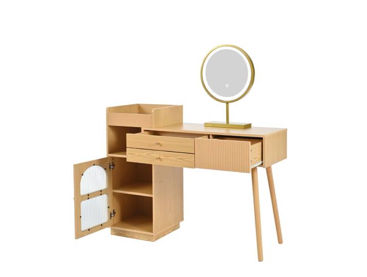 Coiffeuse couleur bois avec miroir led et rangements 120x40x90 cm