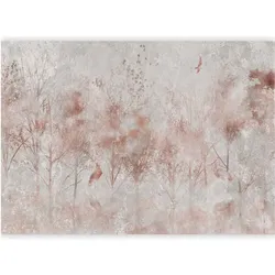 Artgeist, Tapete, Fototapete - Autumn landscape - abstract with trees and birds on a textured background (300 x 210 cm)
