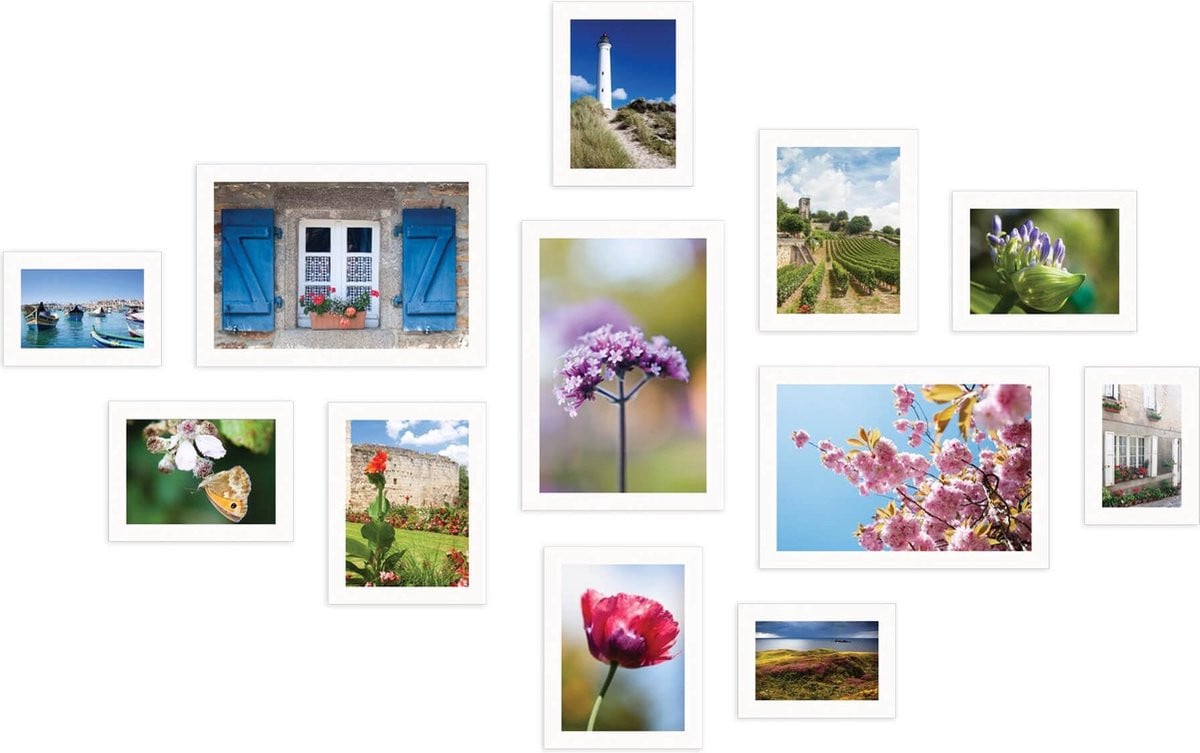 SecaDesign Fotowand wit PIA12W met 12 fotolijsten en template voor fotomuur (3x 10x15cm, 3x 13x18cm, 3x 15x20cm en 3x 20x30cm)