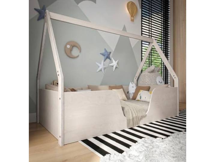 OSONO Nido Fort S Hausbett Kinder 120x200 cm aus Naturholz Montessori Bodenbett mit Rausfallschutz & Lattenrost Kinderbett im skandinavischen Stil