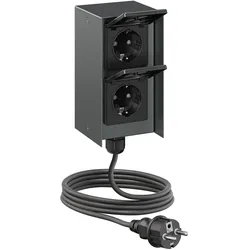 ledscom.de Außensteckdose 2-fach STEDDA und 2m Kabel, IP44, Edelstahl anthrazit senkrecht, Steckdosen für Garten, Terrasse und Außenbereich