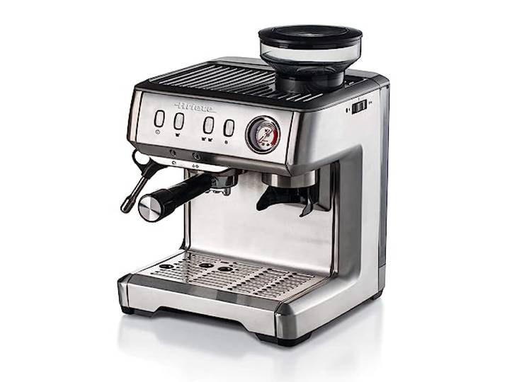 Ariete 1313, Kaffeemaschine mit Manometer, Integrierte Kaffeemühle, Kompatibel mit Kaffeepulver und ESE-Pads, 15 Bar Maximum, 1 oder 2 Tassen-Filter, Cappuccino-Düse, 1600W, Silber