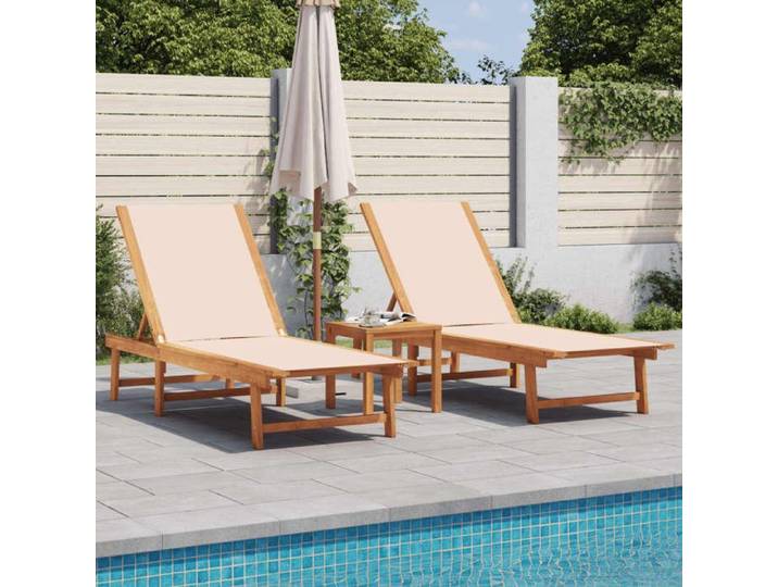 Chaises longues lot de 2-Bain de soleil table crème bois d'acacia et textilène