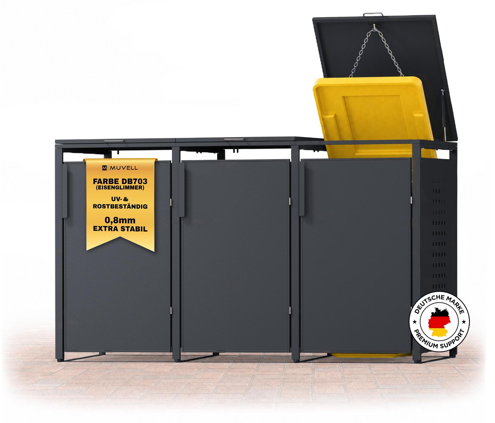 MUVELL Mülltonnenbox 3er 240l & 120l Müllbox - aus 0,8 mm feuerverzinkten Metall - Eisenglimmer DB 703 Premiumfarbe Mülltonnenboxen - korrosionsbeständig wetterfest Mülltonnenverkleidung