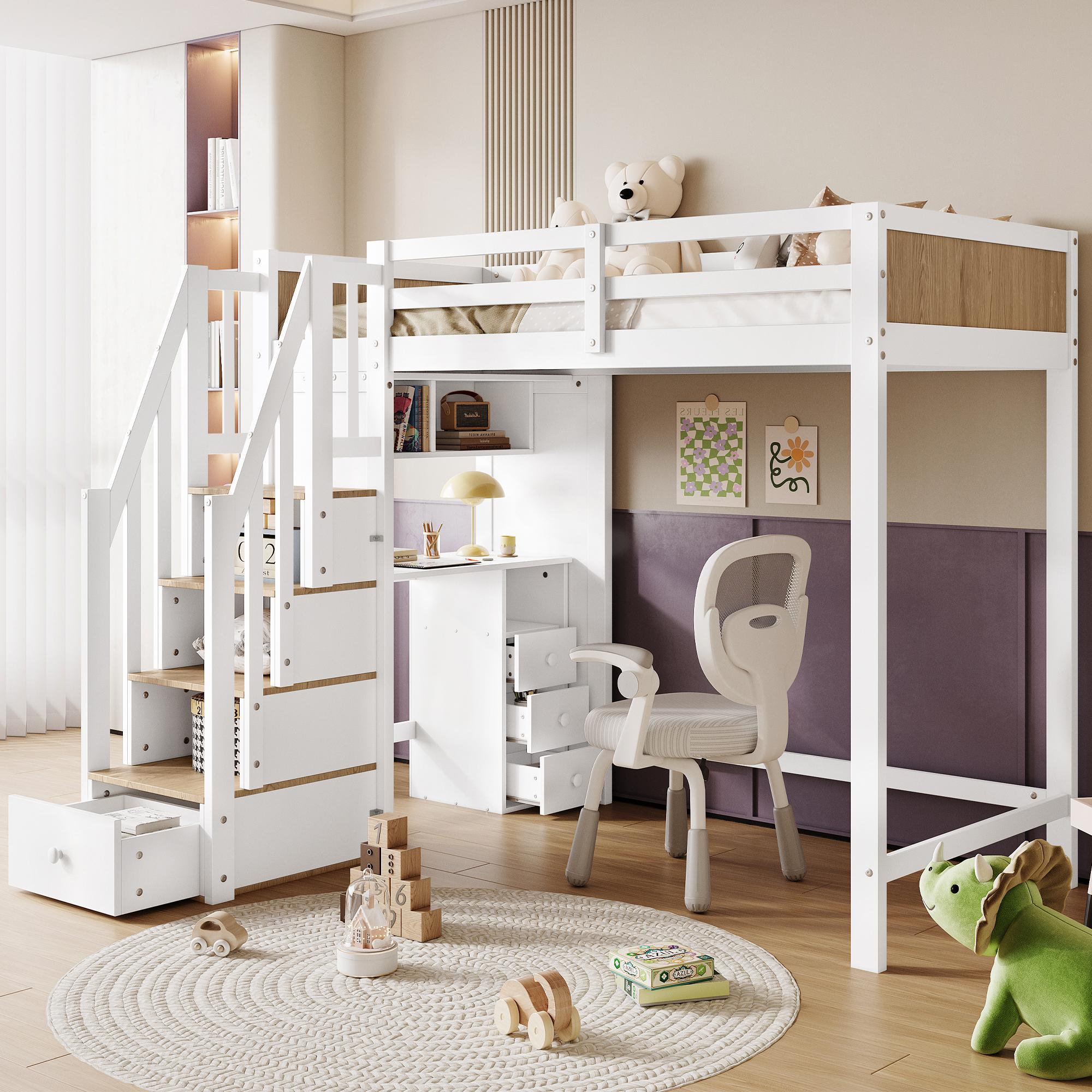 Etagenbett 90x200 cm, Kinderbett, Fallschutzgitter, Schreibtisch mit 3 Schubladen, 4-Stufen-Leiterschrank, Regal (White+Natural)