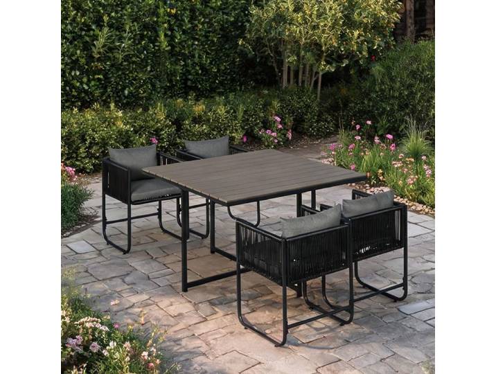 Set de table carré 5 pièces en rotin gris 4 chaises coussinées design gain de place jardin terrasse