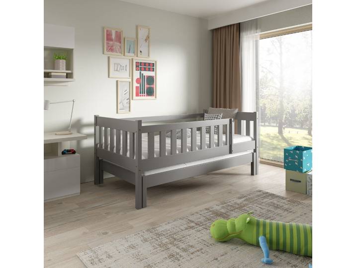 Kinderbett STELLA 80x160 cm mit zweitem ausziehbarem Gestell, Geländer, Grau