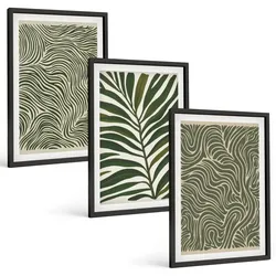BILDER SET 3er Set - 40x60 cm Schwarzer Rahmen - Blattmuster wellenförmige Formen