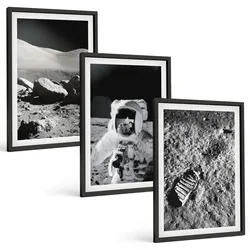 BILDER SET 3er Set - 40x60 cm Schwarzer Rahmen - NASA-Fotos vom Mond Astronaut
