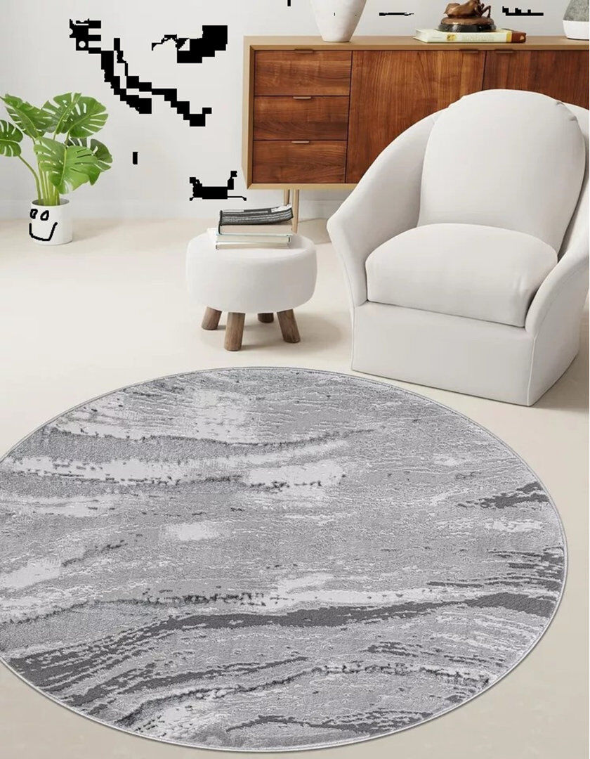 Metro Abstract Flatweave Shaggy Area Rug Grey Round 120 cm