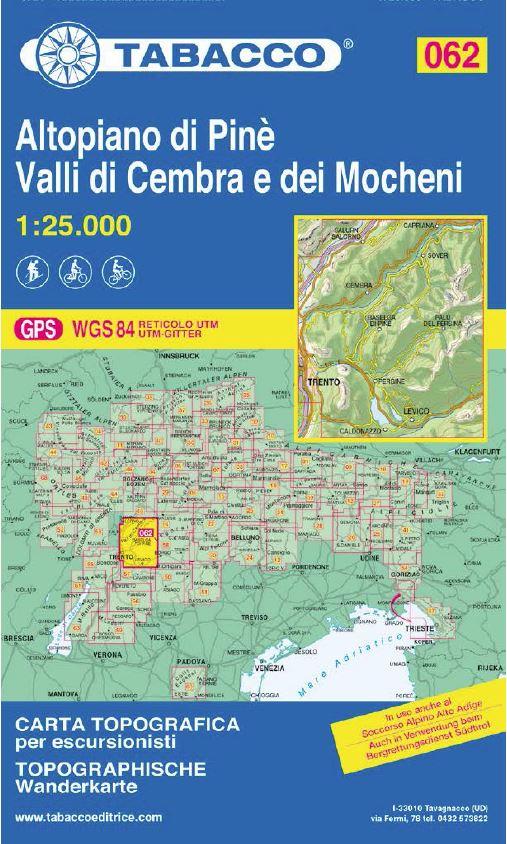 Carte de randonnée n° 62 - Plateau Piné, Vallée de Cembra & vallée des Mochènes   Tabacco