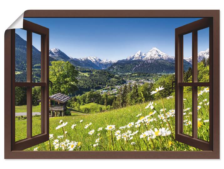 Wandbild ARTLAND Fensterblick Bayerischen Alpen , braun (farbe bild(er): braun), B:100cm H:70cm, Bilder, Wandbild, als Leinwandbild, Poster, Wandaufkleber in verschied. Grössen