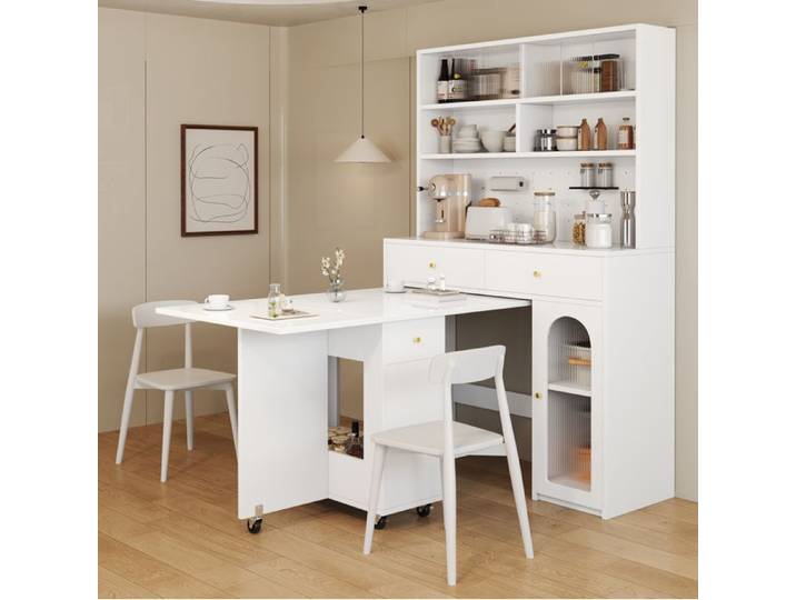Meuble cuisine buffet avec plan de travail intégré 2 tiroirs étagère réglable porte vitrée blanc ORVRYN