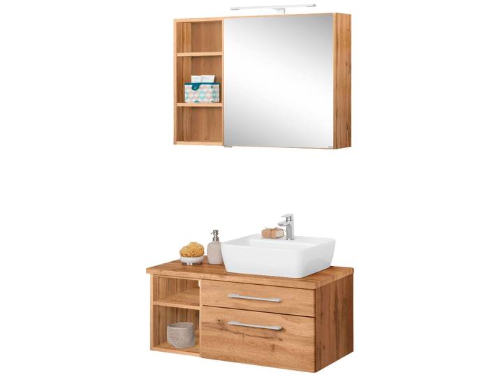 Badmöbel-Set WELLTIME Davos , braun (eichefarben), Becken rechts, Kastenmöbel-Sets, Badmöbel-Set, Spiegelschrank, Regal und Waschtisch