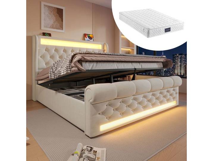 Lit coffre - YEHTOKHOME - 160x200 - Velours beige - LED multicolore - Coffre hydraulique