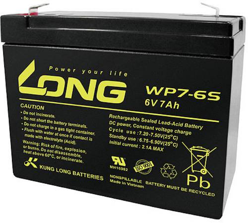 Long WP7-6S WP7-6S Bleiakku 6V 7Ah Blei-Vlies (AGM) (B x H x T) 116 x 99 x 50mm Flachstecker 4.8mm Geringe Selbstentladung