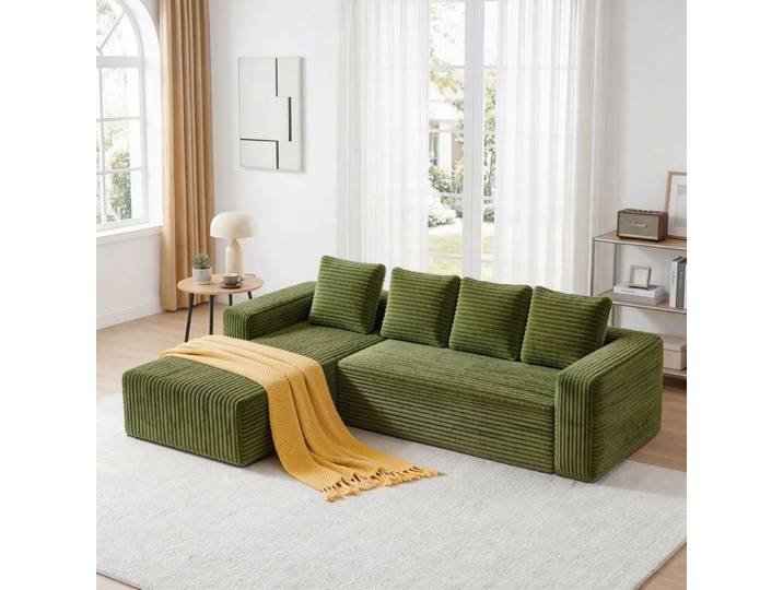 Canapé d'angle 4 Places canapé modulable avec méridienne Canapé compresse assemblable librement velours côtelé Vert 261x171x58cm
