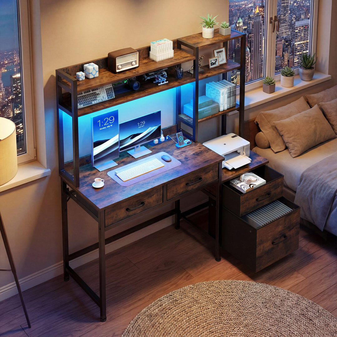 Metro 4-Drawer Computer Desk With LED Lights & Power Outlets Brown 150cm H x 128cm W x 50cm D