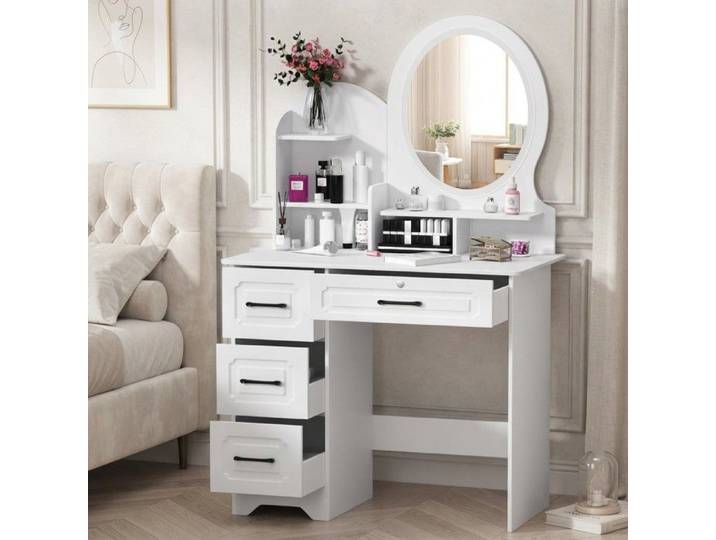 Coiffeuse Maquillage avec Grand Miroir LED 80x40x137cm Table de Maquillage Blanche 4 Tiroirs et Étagères Style Européen Élégant