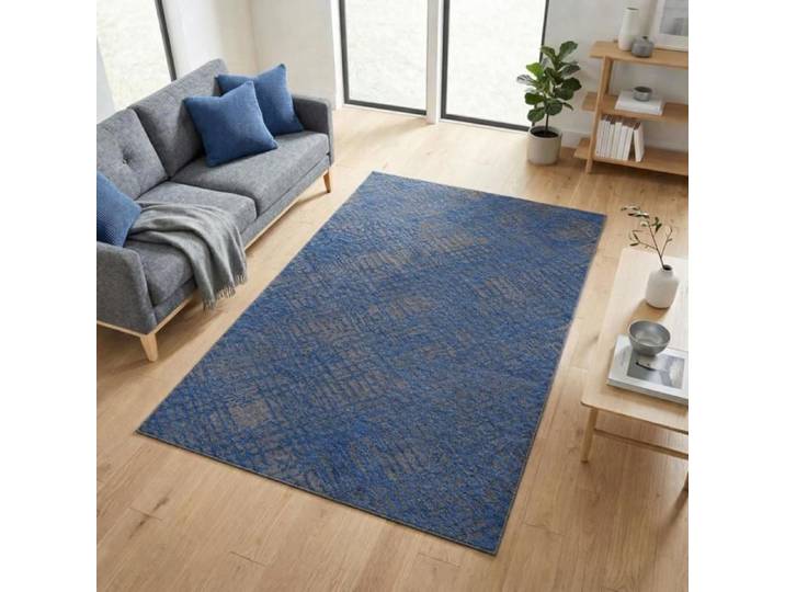 tapis entrée 115x180 tissé bleu et gris rectangle motif faux uni TEREMINDE