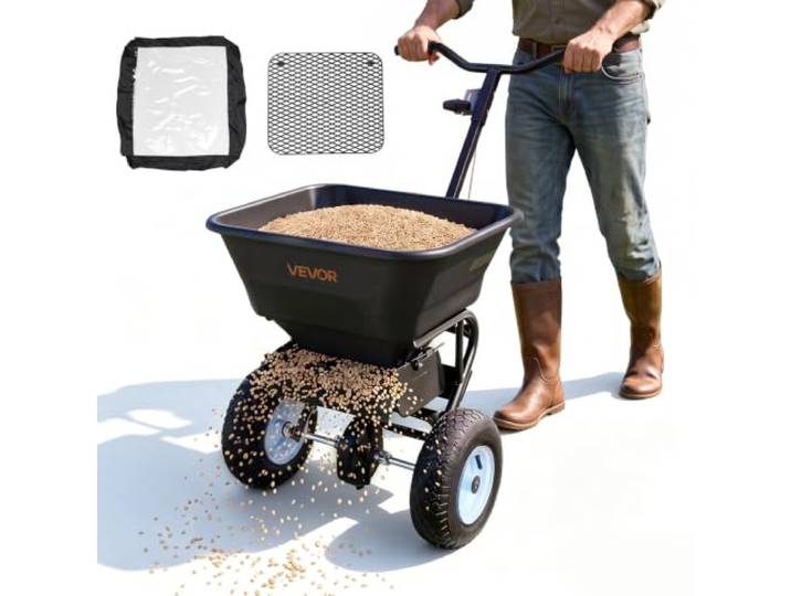 VEVOR Épandeur Engrais Capacité 45\,2 kg Épandeur à Semence Largeur d'Épandage 0-3 m Semoir à Pousser pour Graines\, Sel de Déneigement\, Semer Jardinage\, Pelouse\, Gazon\, avec Roues Pneumatiques 33 cm