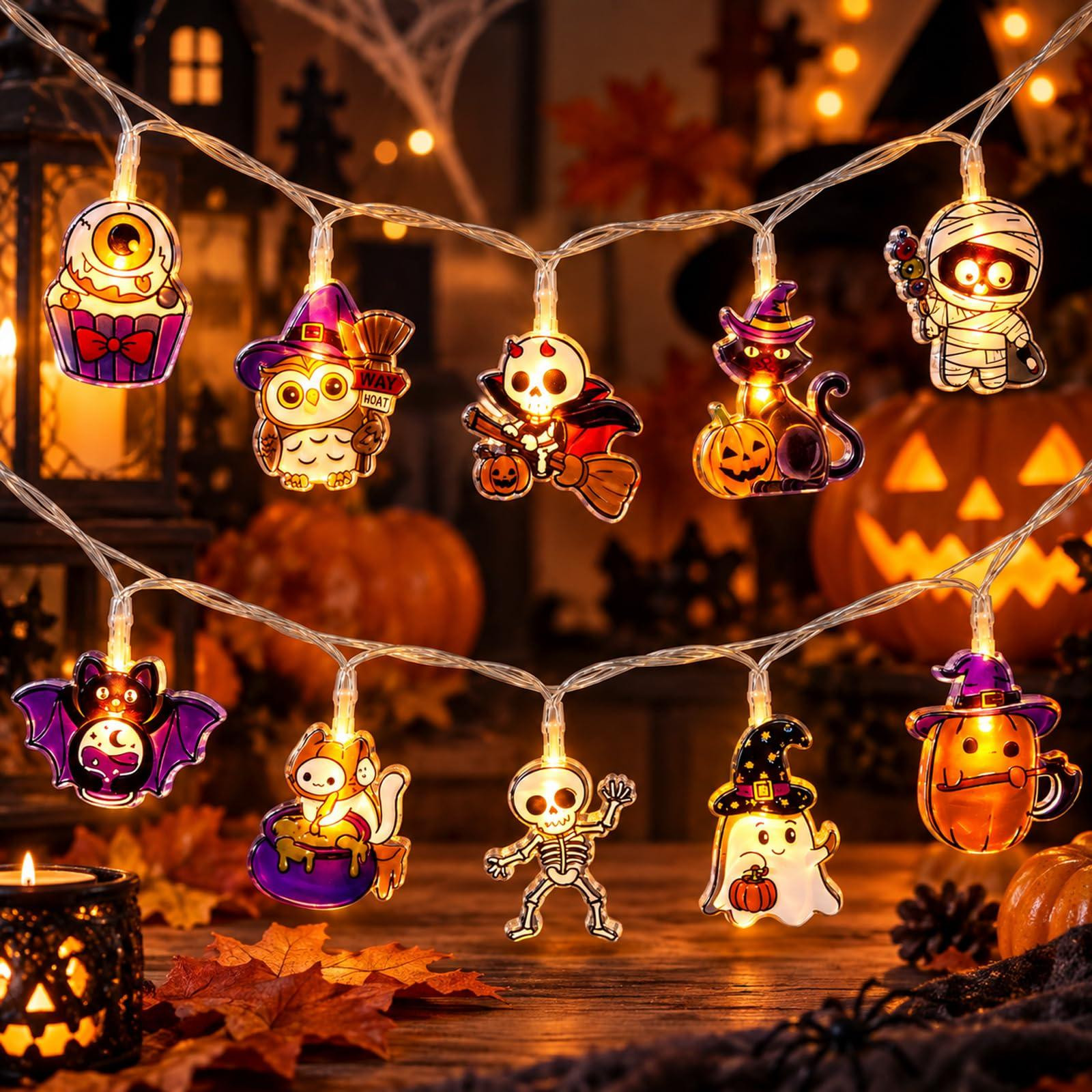 Dripio Halloween lichtketting met 10 LED's, spook, skelet en vleermuis, 1,5 meter