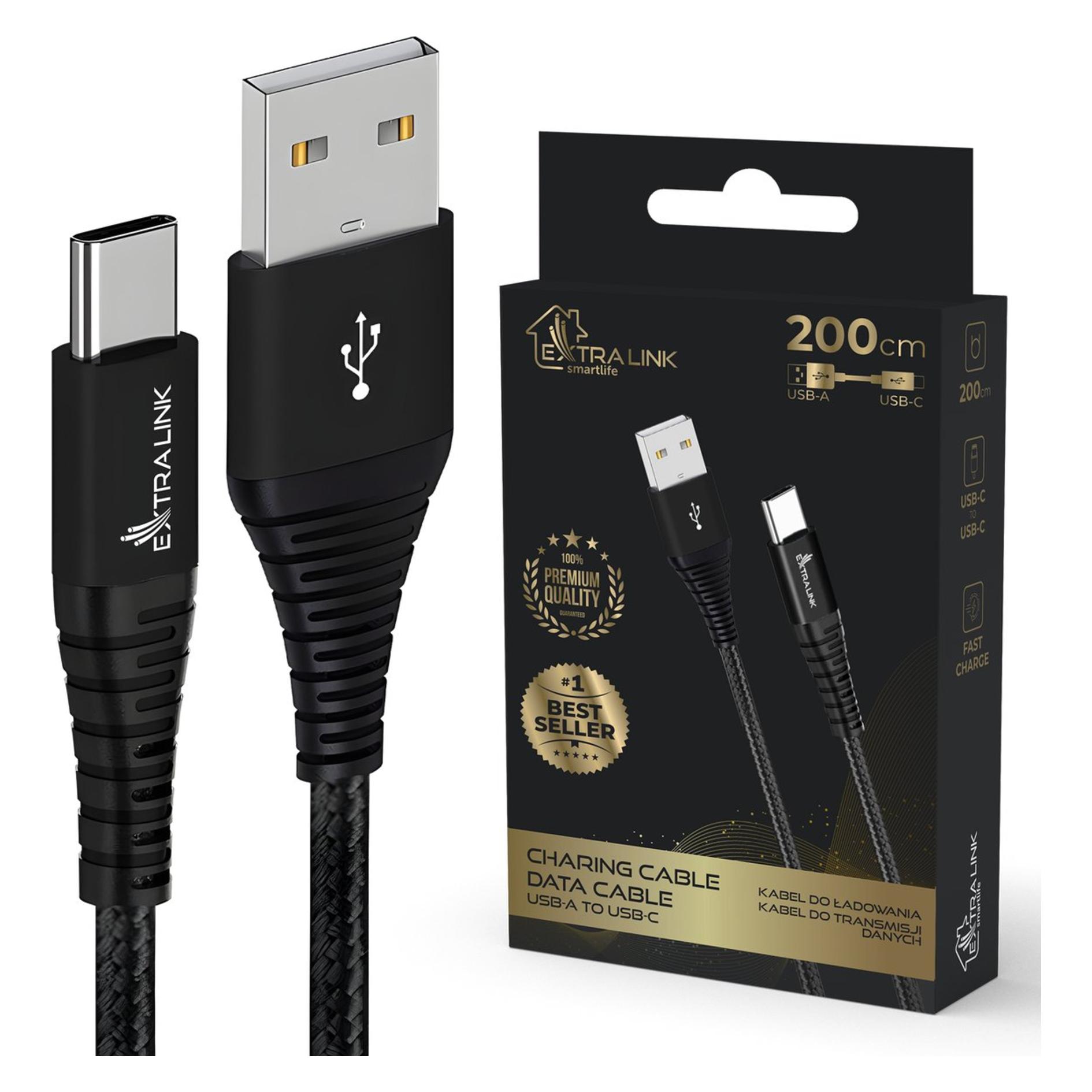 Extralink Smart Life Braided USB Type-A to Type-C Czarny | Kabel USB | (2 m, USB 2.0, 15 W) (CABESL01)