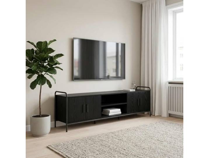 KGFHERENB TV-Schrank 167,5x33x50 cm Lowboard Schwarz Eichen-Optik Stabiles TV-Board mit verzinktem Stahlrahmen und viel Stauraum fuer Medientechnik im Wohnzimmer.