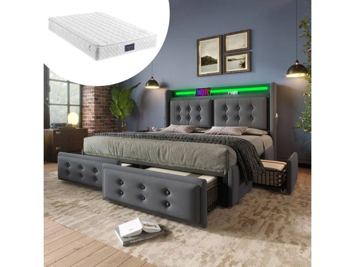 Ensemble lit 140×200 - ZEVKOR - 140×200 - 4 tiroirs - LED intégrée - Matelas 25 cm 7 zones