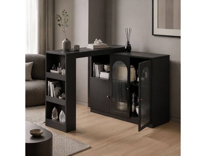 Meuble bar - ZEVKOR - 360° Rotatif - Portes vitrées - Rangements ouverts/fermés - Noir