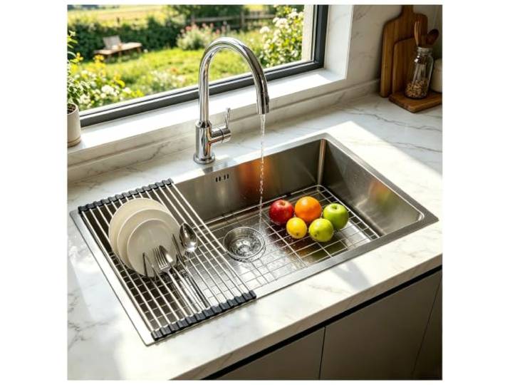 JUNFUNNLE Spülbecken Küche, Edelstahl Groß Becken, 1 Becken Einbauspüle, Waschbecken Küche Mit Edelstahlgitter, Abtropfgitter, Ablaufgarnitur Und Überlauf-Kit (Silber-F, 85×48×22cm)