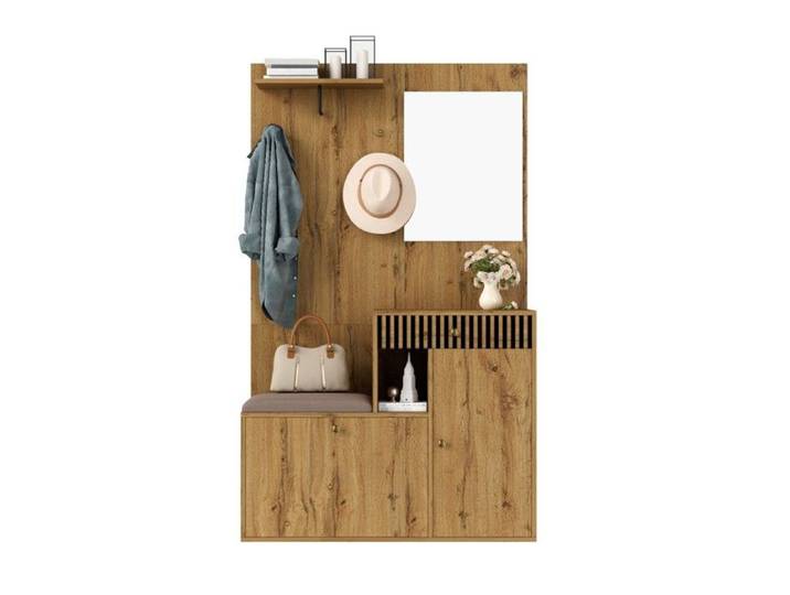 Meuble Entrée Noir Naturel 110x185.5x37cm - Miroir Armoire Rangement Chaussures - Mural Multifonctionnel Compact Pratique
