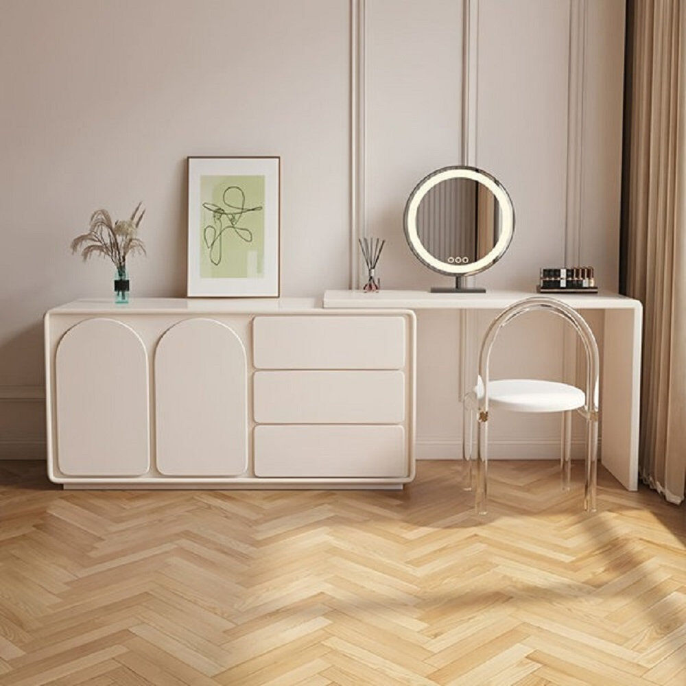 Blue Elephant Pre Assembly Scalable 55.11 '' -105 '' Makeup Vanity, Modern Vanity Desk with Storage Space, Cream Dressing Table with L-Shape or Straight Layout for Cream White 75cm H X 140cm W X 40cm D