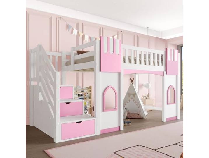 FAVSH Hausbett 90x200 cm mit Stauraumtreppe, Kinderbett mit Fensterdesign und Schutzgitter, Treppenschrank und Ablagefächern, Platzsparendes Bettgestell für Jugendzimmer, Weiß+Rosa
