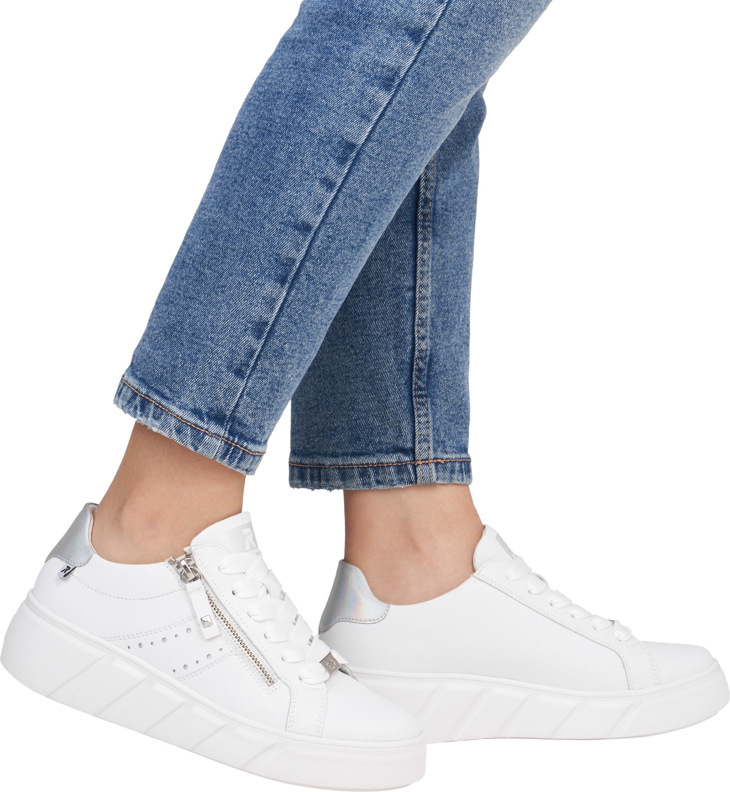 Plateausneaker RIEKER SPORT, Damen, Gr. 42, Textil, weiss (weiß), Leder, Schuhe Plateausneaker, Freizeitschuh, Halbschuh, Schnürschuh mit seitlicher Perforation weiß 42, Textil